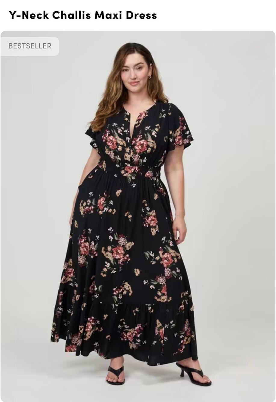 Torrid Y-Neck Challis Maxi Dress 2X Black Floral Flutter Sleeve Pockets NWT